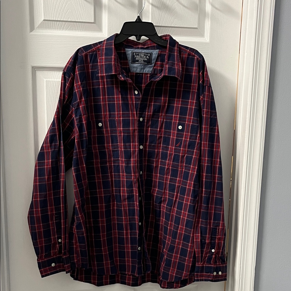 Nautica Men's Casual Navy and Red Checkered Shirt